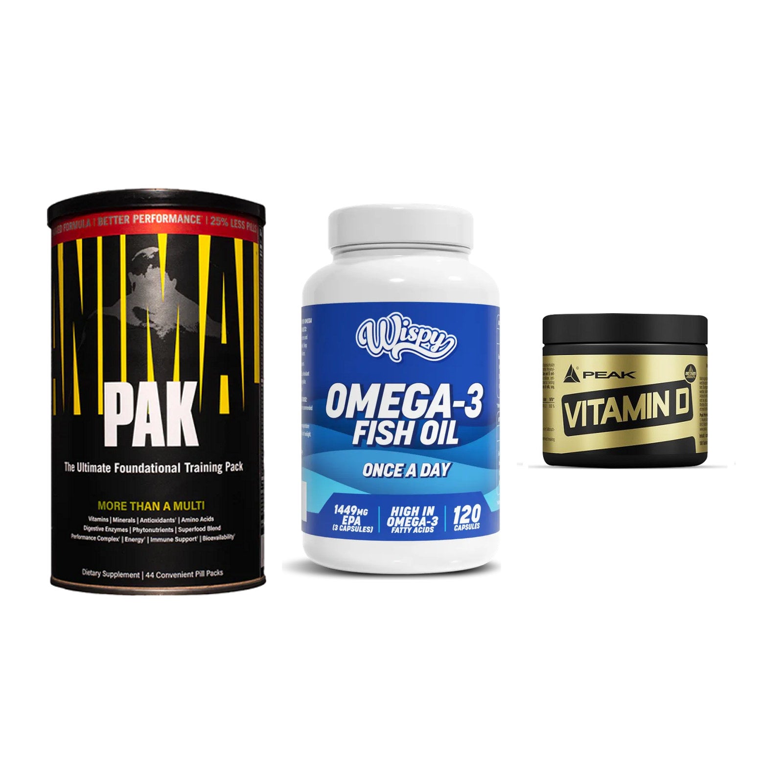 Grundversorgung: Universal + Wispy Omega 3 + Peak Vitamin D – alle enthaltenen Artikel