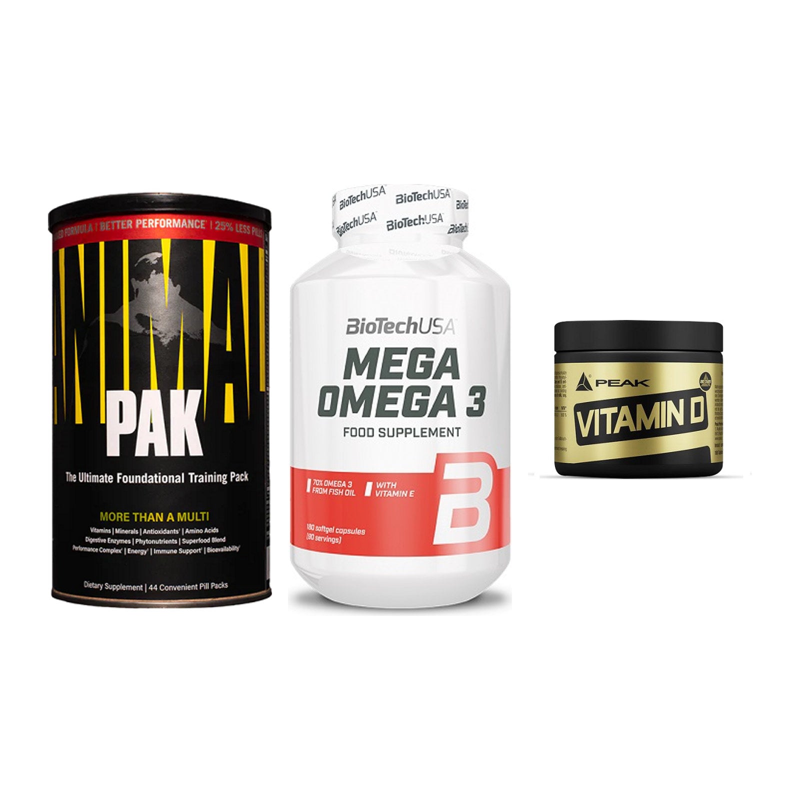 Grundversorgung: Universal + BioTech Mega + Peak Vitamin D – alle enthaltenen Artikel