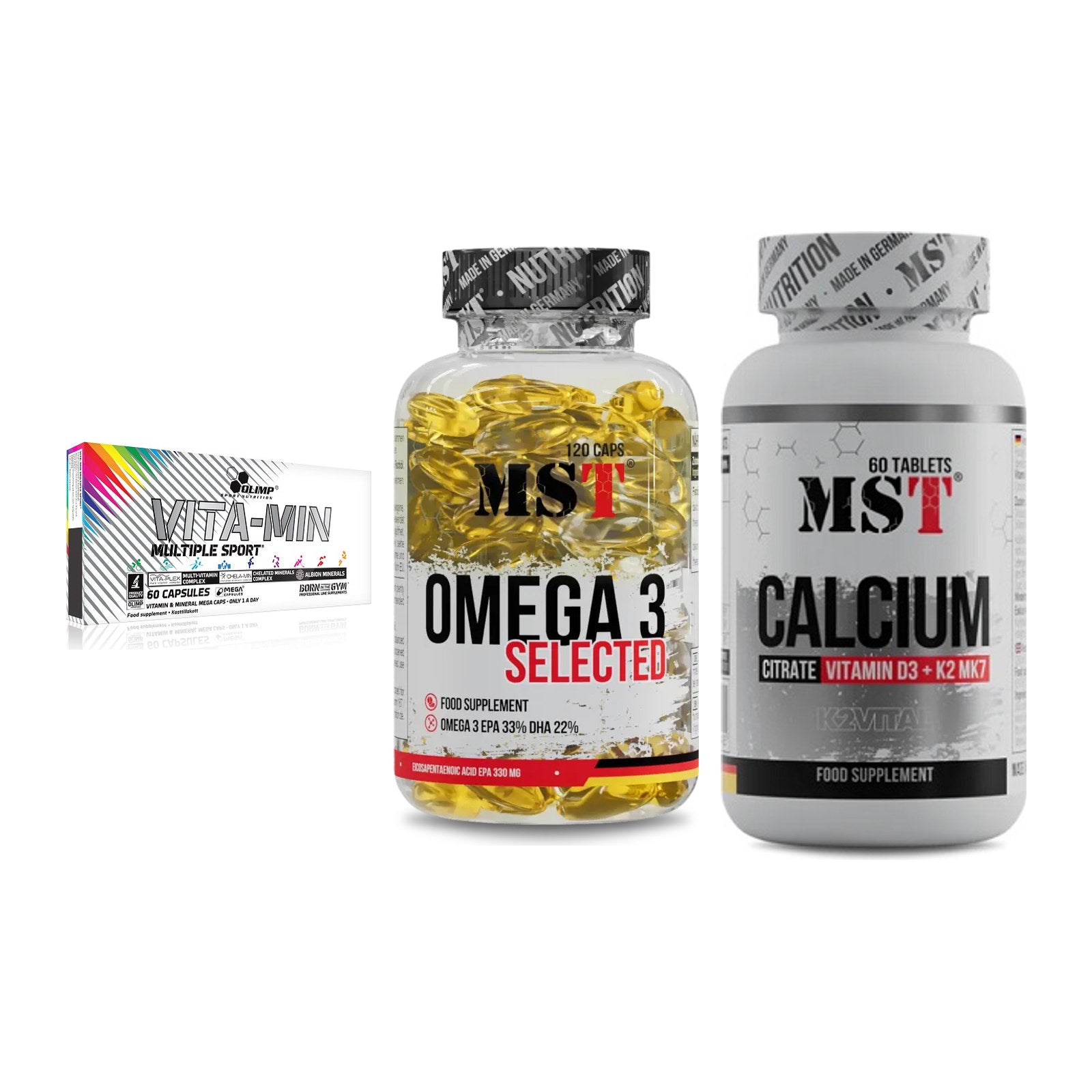 Grundversorgung: Olimp Vita-Min + MST Omega 3 + MST Calcium – alle enthaltenen Artikel