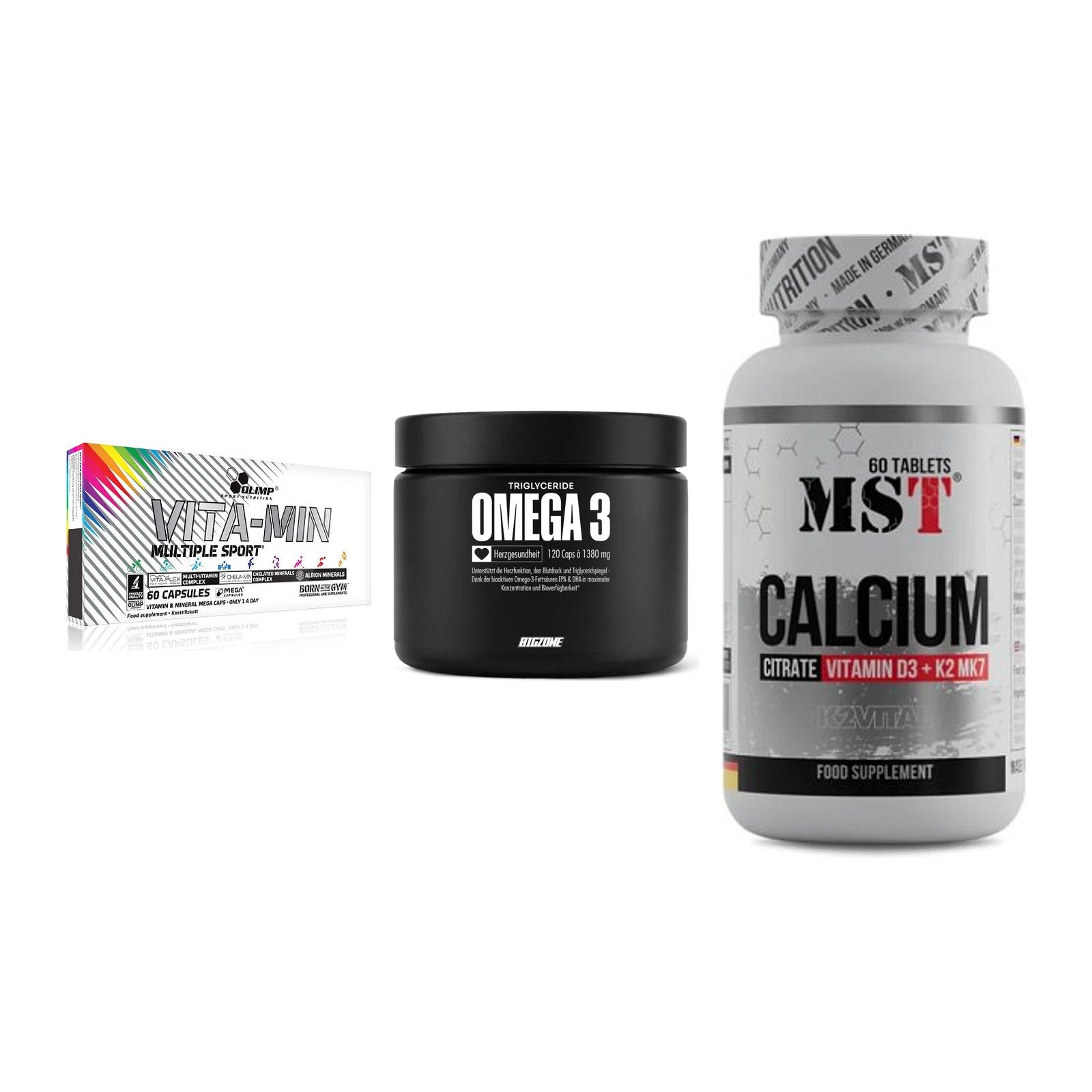 Grundversorgung: Olimp Vita-Min + Big Zone Omega + MST Calcium – alle enthaltenen Artikel