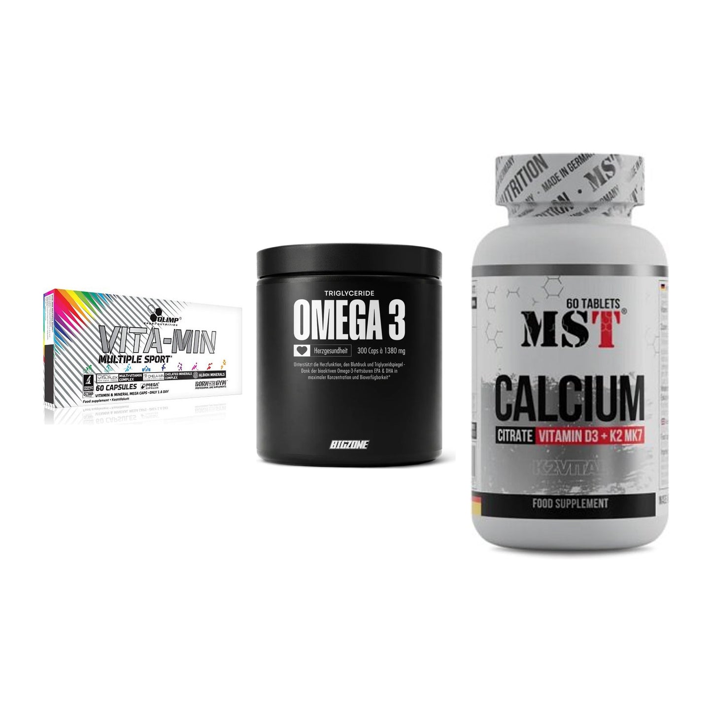 Grundversorgung: Olimp Vita-Min + Big Zone Omega + MST Calcium – alle enthaltenen Artikel