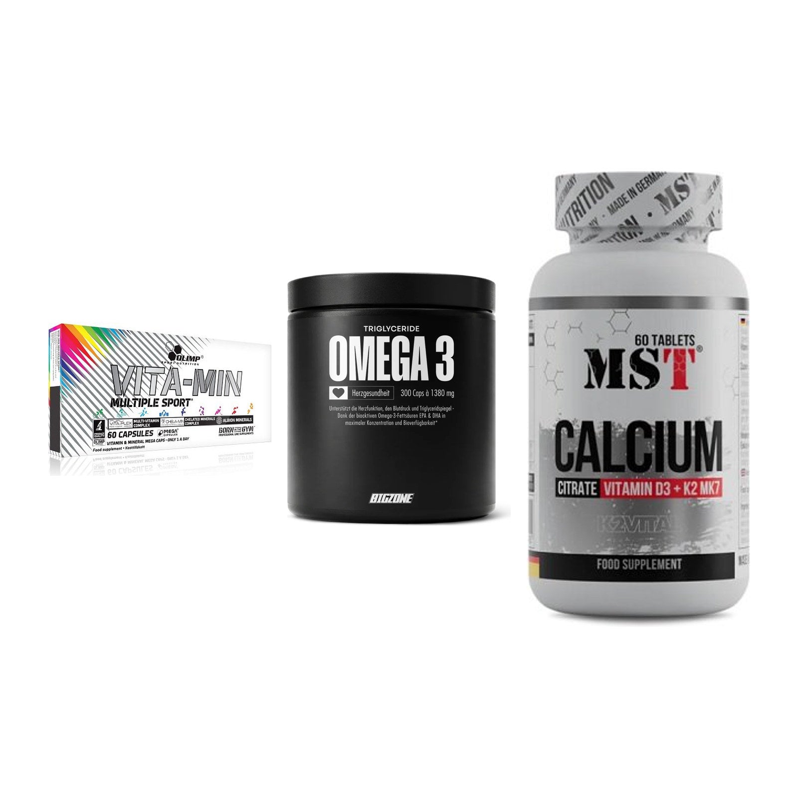 Grundversorgung: Olimp Vita-Min + Big Zone Omega + MST Calcium – alle enthaltenen Artikel