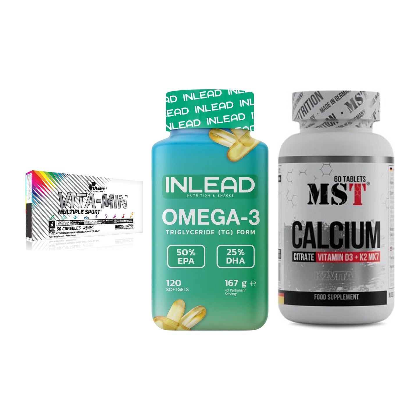 Grundversorgung: Olimp Vita-Min + INLEAD Omega-3 + MST Calcium – alle enthaltenen Artikel