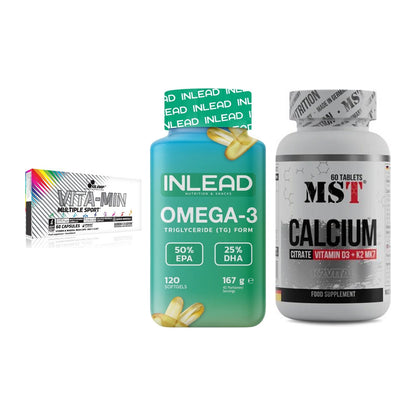 Grundversorgung: Olimp Vita-Min + INLEAD Omega-3 + MST Calcium – alle enthaltenen Artikel