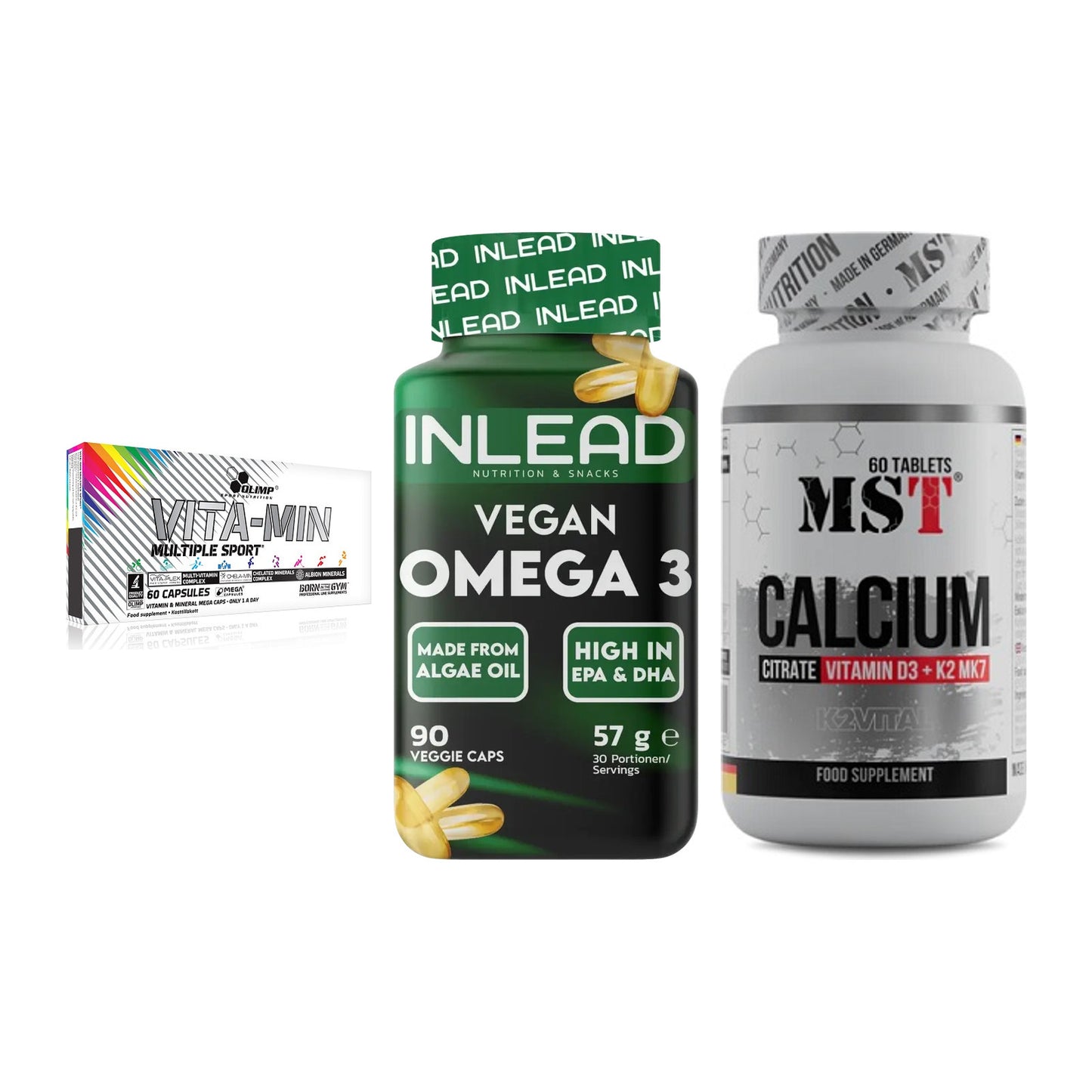Grundversorgung: Olimp Vita-Min + INLEAD Vegan + MST Calcium – alle enthaltenen Artikel