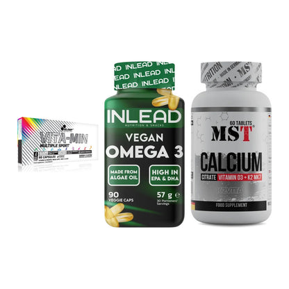 Grundversorgung: Olimp Vita-Min + INLEAD Vegan + MST Calcium – alle enthaltenen Artikel