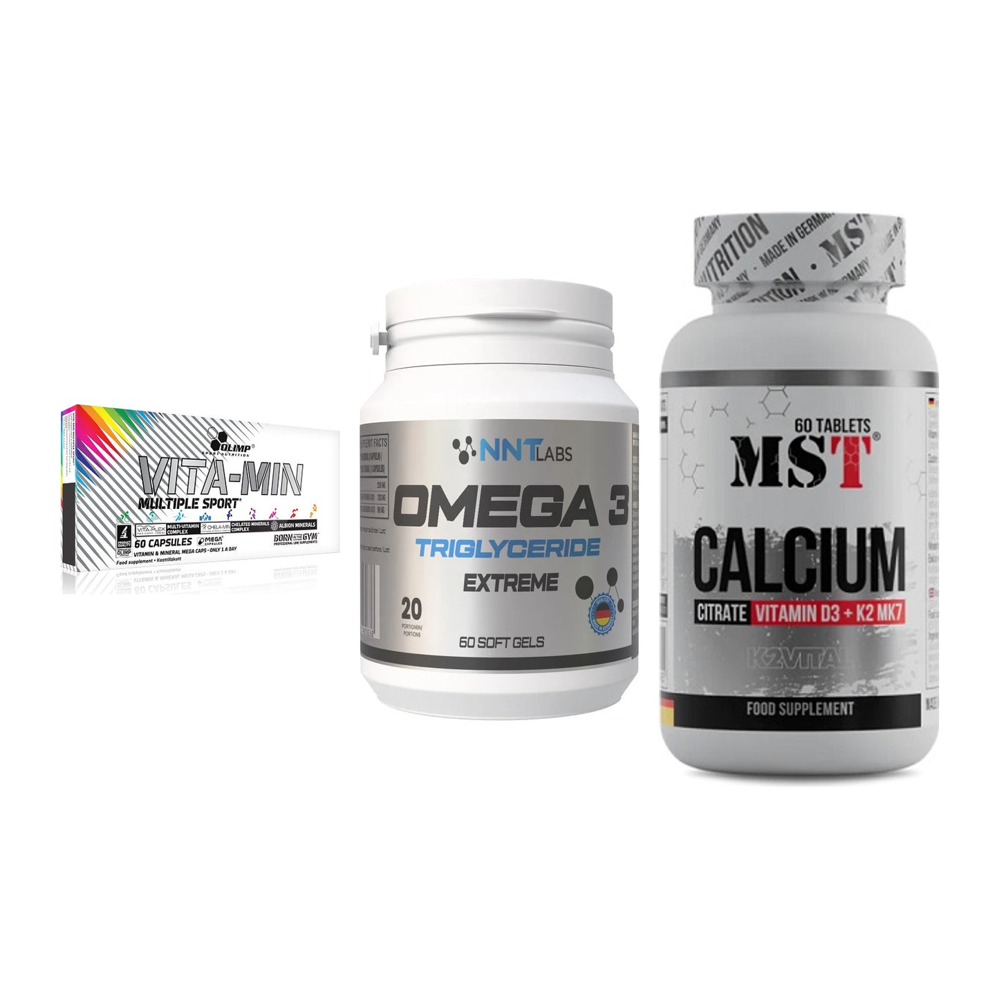 Grundversorgung: Olimp Vita-Min + NNT Omega 3 + MST Calcium – alle enthaltenen Artikel