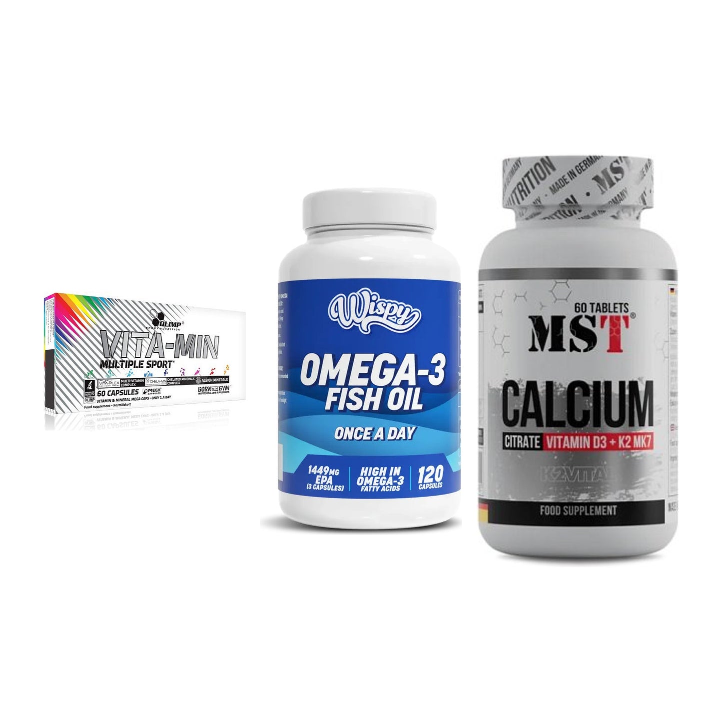 Grundversorgung: Olimp Vita-Min + Wispy Omega 3 + MST Calcium – alle enthaltenen Artikel