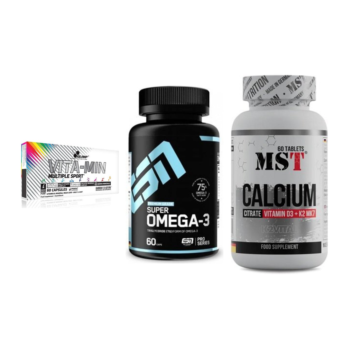 Grundversorgung: Olimp Vita-Min + ESN Omega 3 + MST Calcium – alle enthaltenen Artikel