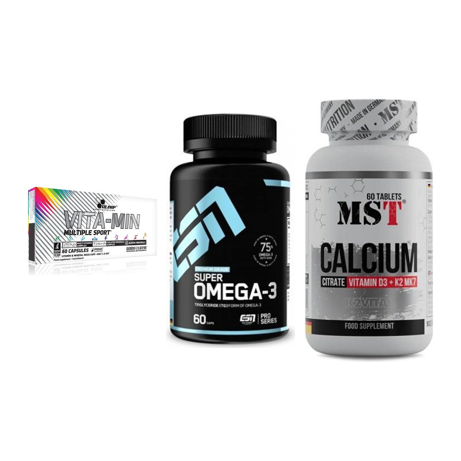 Grundversorgung: Olimp Vita-Min + ESN Omega 3 + MST Calcium – alle enthaltenen Artikel
