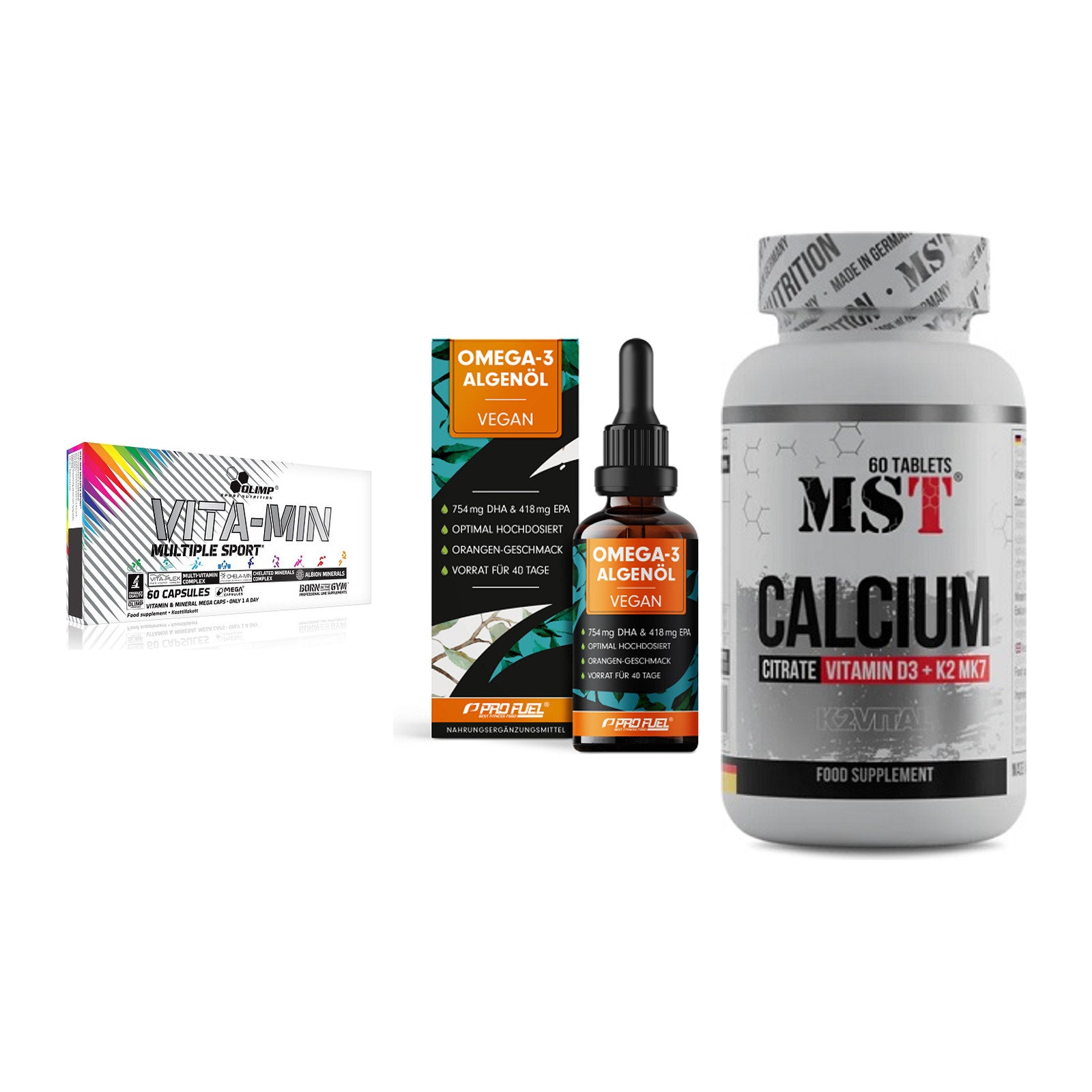 Grundversorgung: Olimp Vita-Min + ProFuel Omega 3 + MST Calcium – alle enthaltenen Artikel