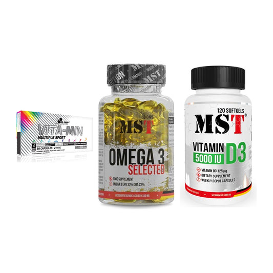 Grundversorgung: Olimp Vita-Min + MST Omega 3 + MST Vitamin D3 – alle enthaltenen Artikel
