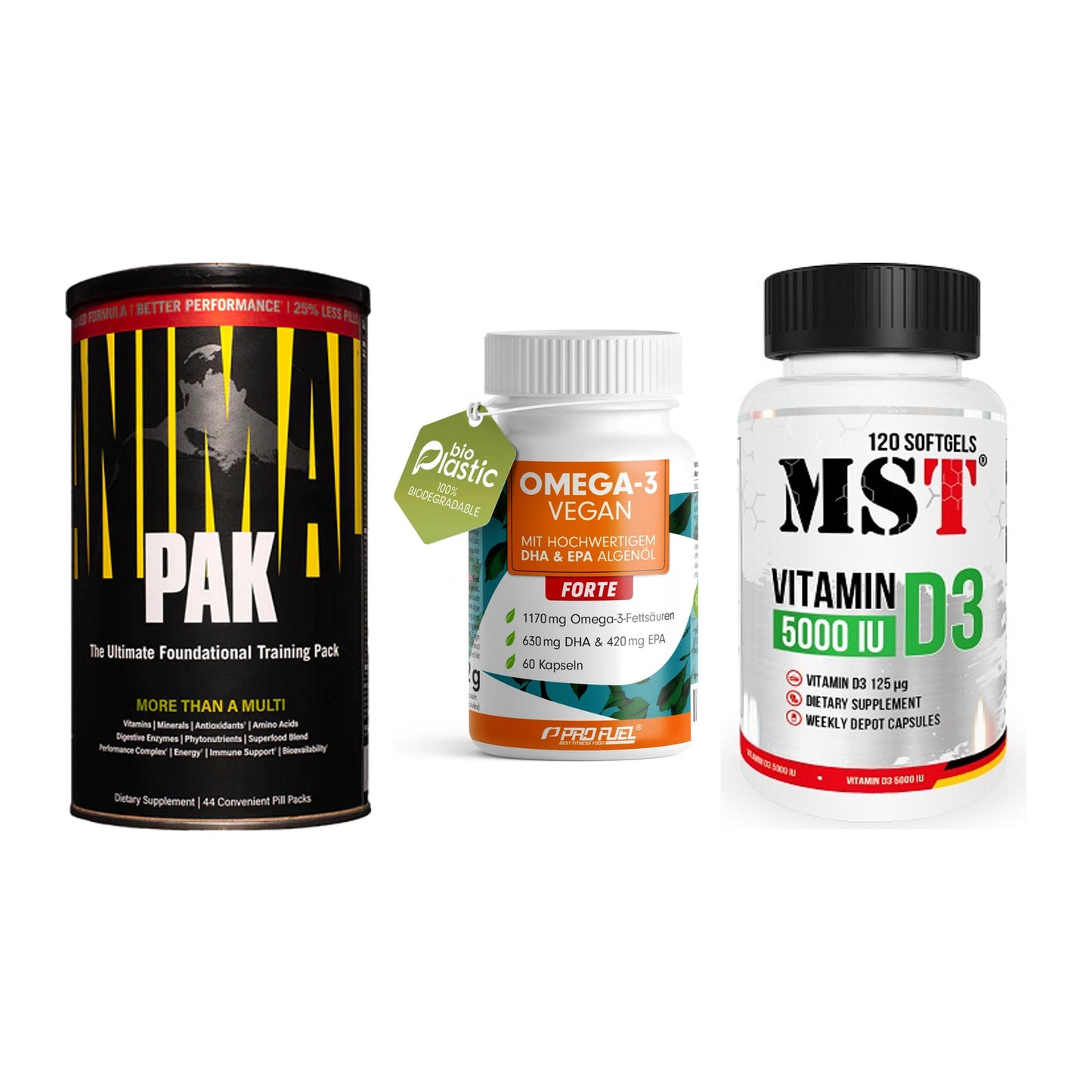Grundversorgung: Universal + ProFuel Omega 3 + MST Vitamin D3 – alle enthaltenen Artikel
