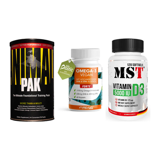 Grundversorgung: Universal + ProFuel Omega 3 + MST Vitamin D3 – alle enthaltenen Artikel