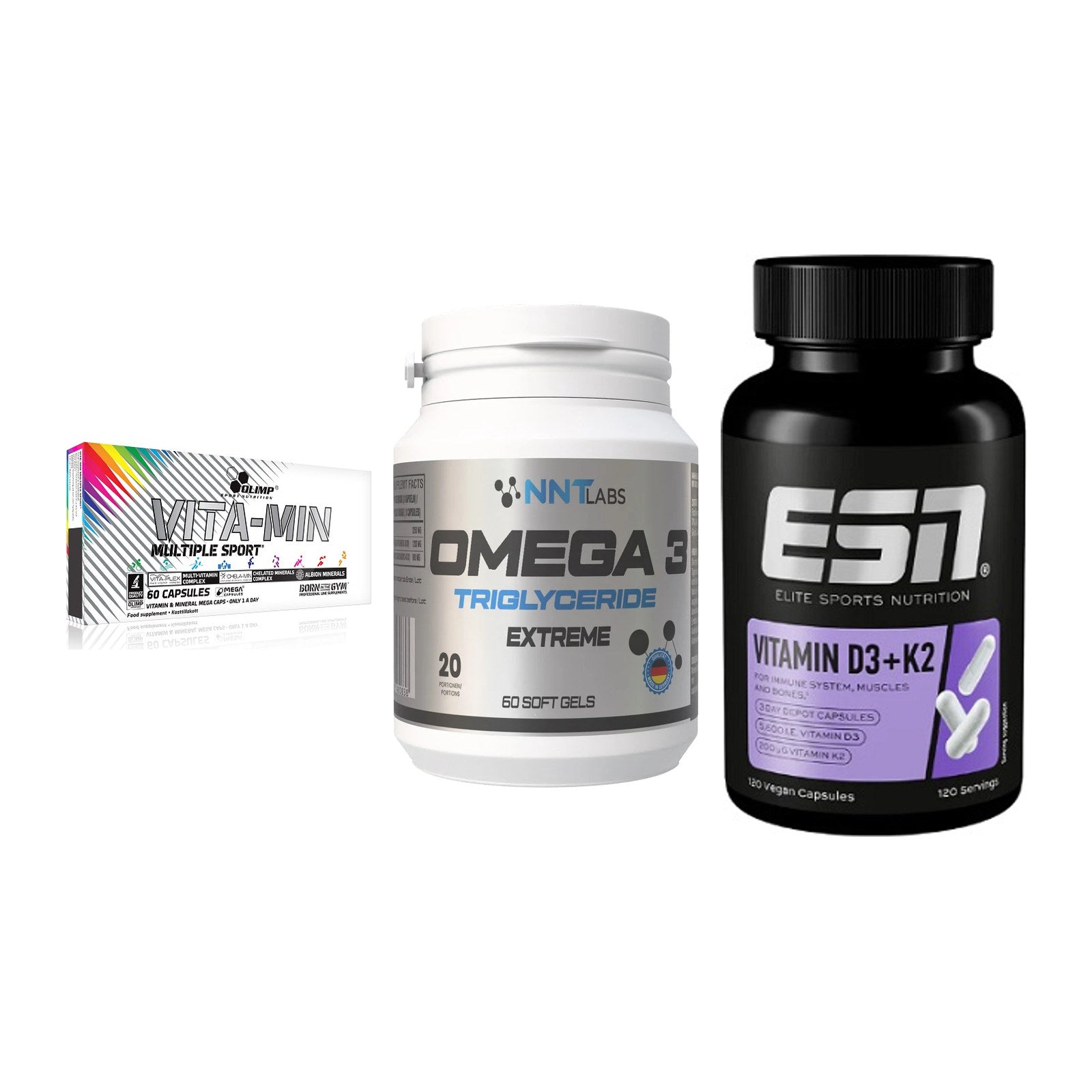 Grundversorgung: Olimp Vita-Min + NNT Omega 3 + ESN Vitamin D3 – alle enthaltenen Artikel