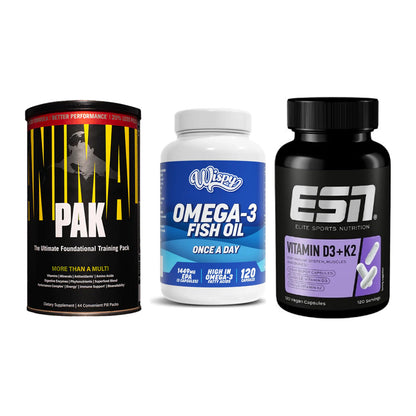 Grundversorgung: Universal + Wispy Omega 3 + ESN Vitamin D3 – alle enthaltenen Artikel