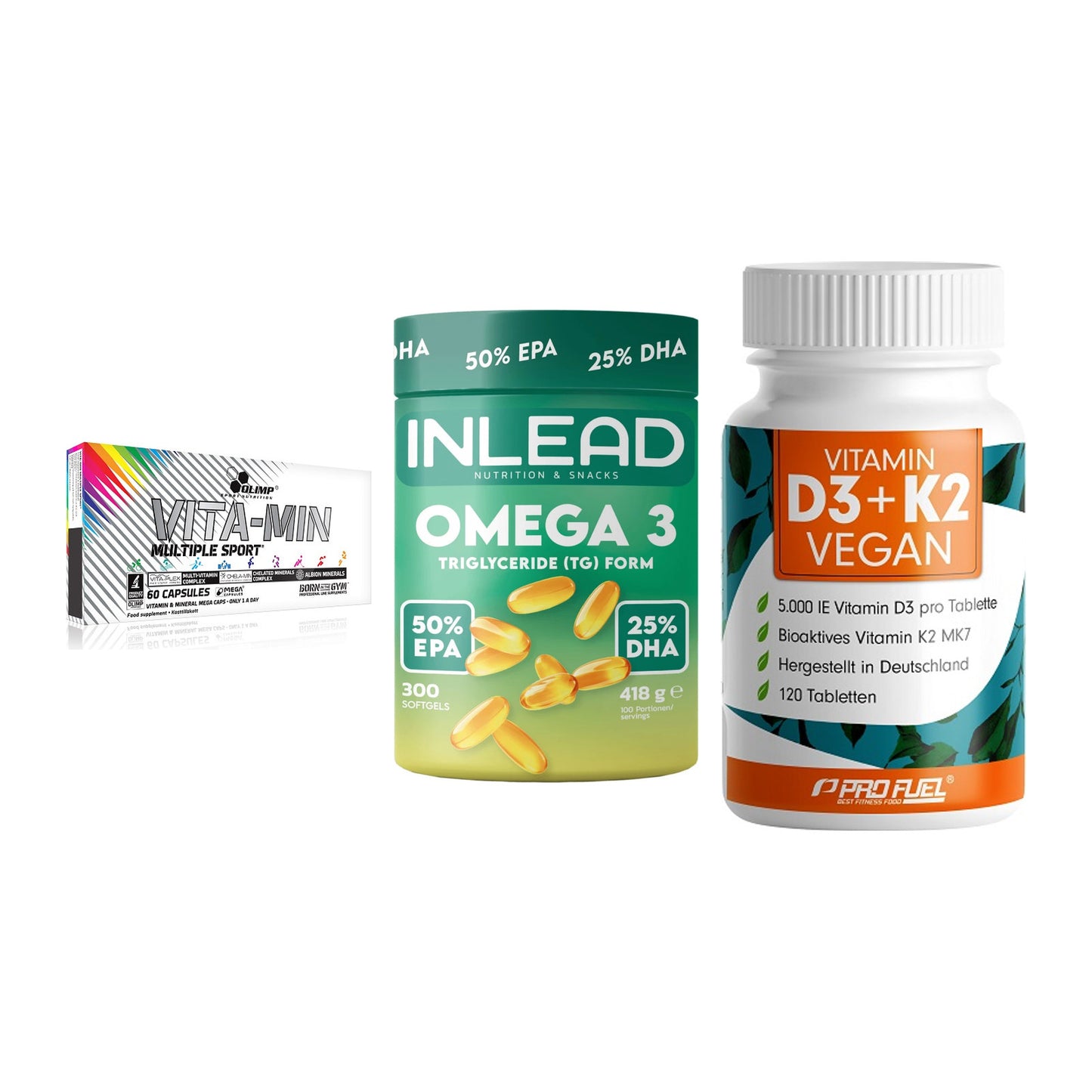 Grundversorgung: Olimp Vita-Min + INLEAD Omega-3 + ProFuel Vitamin – alle enthaltenen Artikel