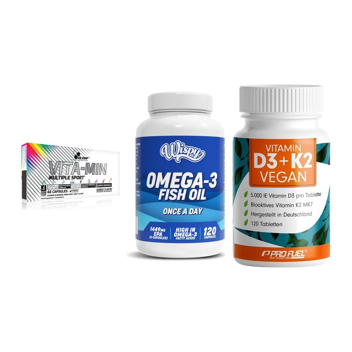 Grundversorgung: Olimp Vita-Min + Wispy Omega 3 + ProFuel Vitamin – alle enthaltenen Artikel