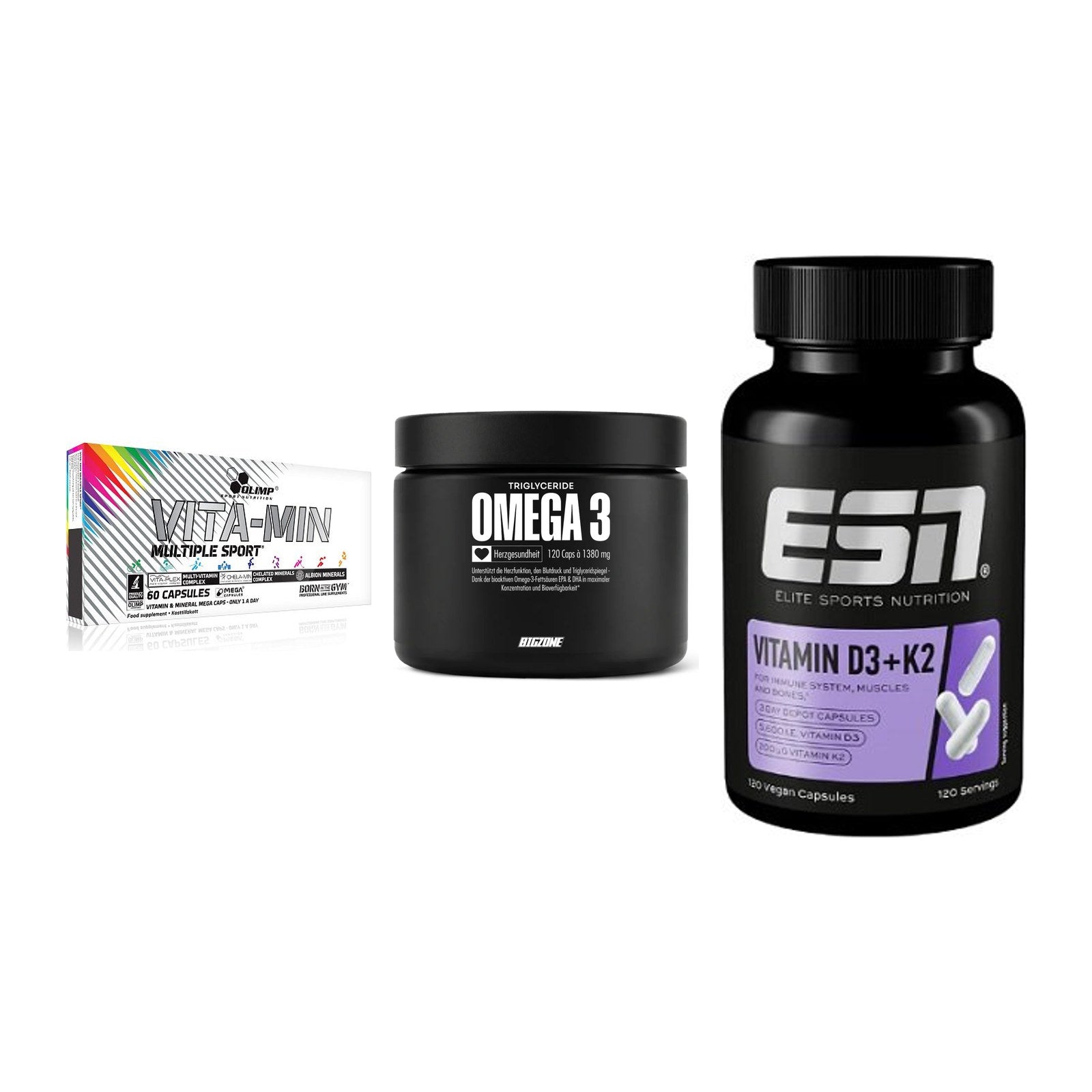 Grundversorgung: Olimp Vita-Min + Big Zone Omega + ESN Vitamin D3 – alle enthaltenen Artikel