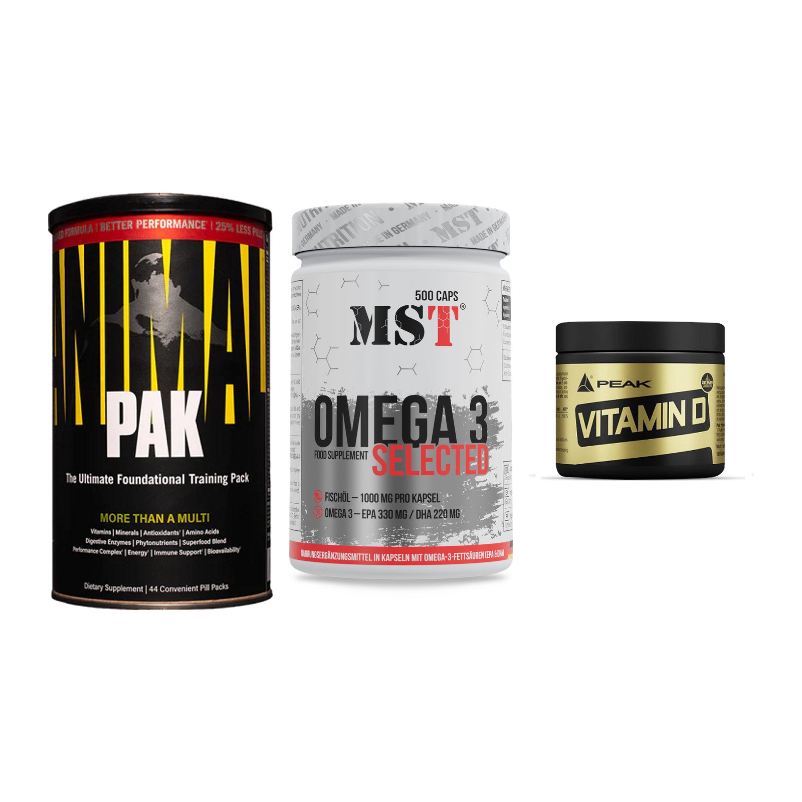 Grundversorgung: Universal + MST Omega 3 + Peak Vitamin D – alle enthaltenen Artikel
