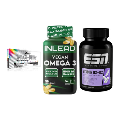 Grundversorgung: Olimp Vita-Min + INLEAD Vegan + ESN Vitamin D3 – alle enthaltenen Artikel