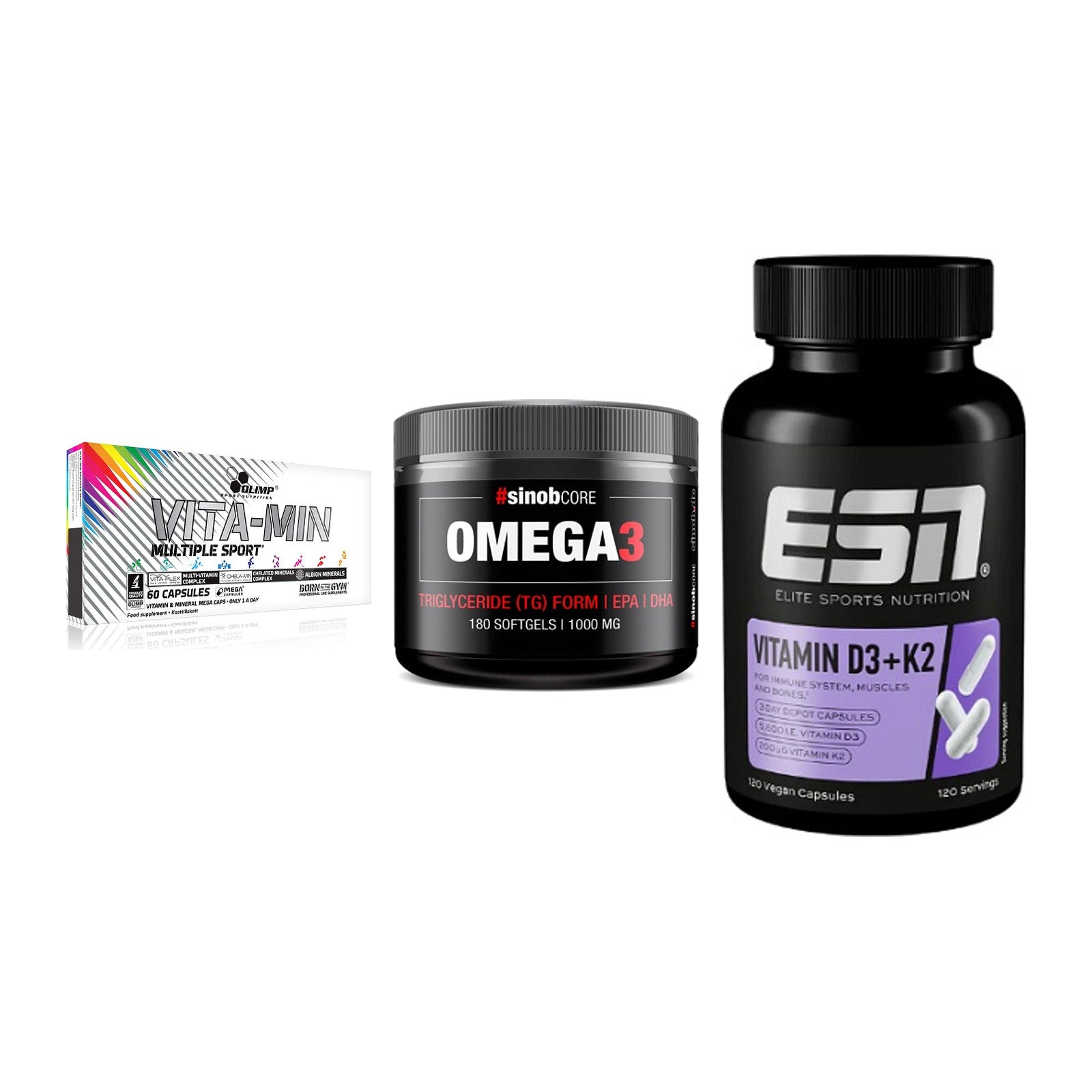 Grundversorgung: Olimp Vita-Min + Sinob Omega 3 + ESN Vitamin D3 – alle enthaltenen Artikel