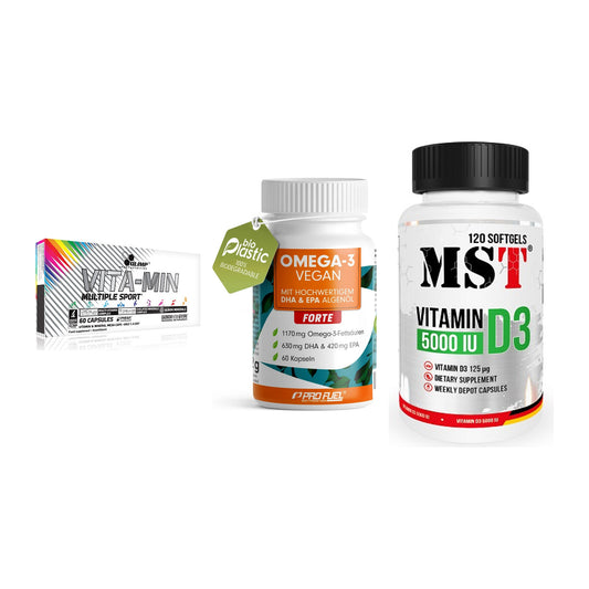 Grundversorgung: Olimp Vita-Min + ProFuel Omega 3 + MST Vitamin D3 – alle enthaltenen Artikel