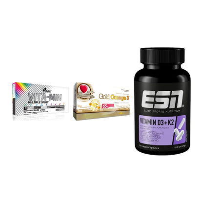 Grundversorgung: Olimp Vita-Min + Olimp Omega 3 + ESN Vitamin D3 – alle enthaltenen Artikel