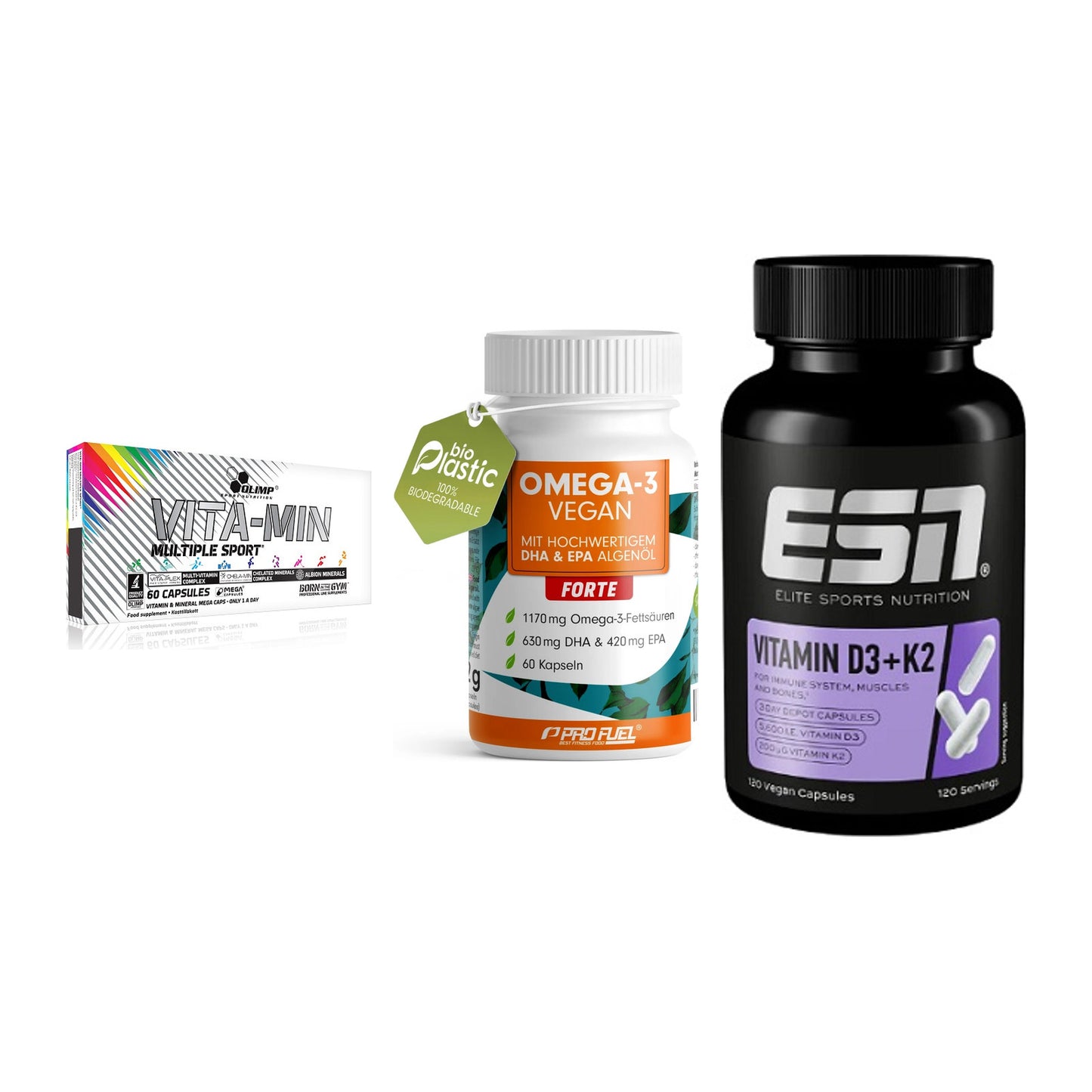 Grundversorgung: Olimp Vita-Min + ProFuel Omega 3 + ESN Vitamin D3 – alle enthaltenen Artikel
