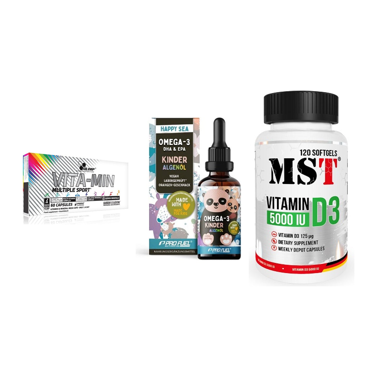 Grundversorgung: Olimp Vita-Min + ProFuel OMEGA-3 + MST Vitamin D3 – alle enthaltenen Artikel