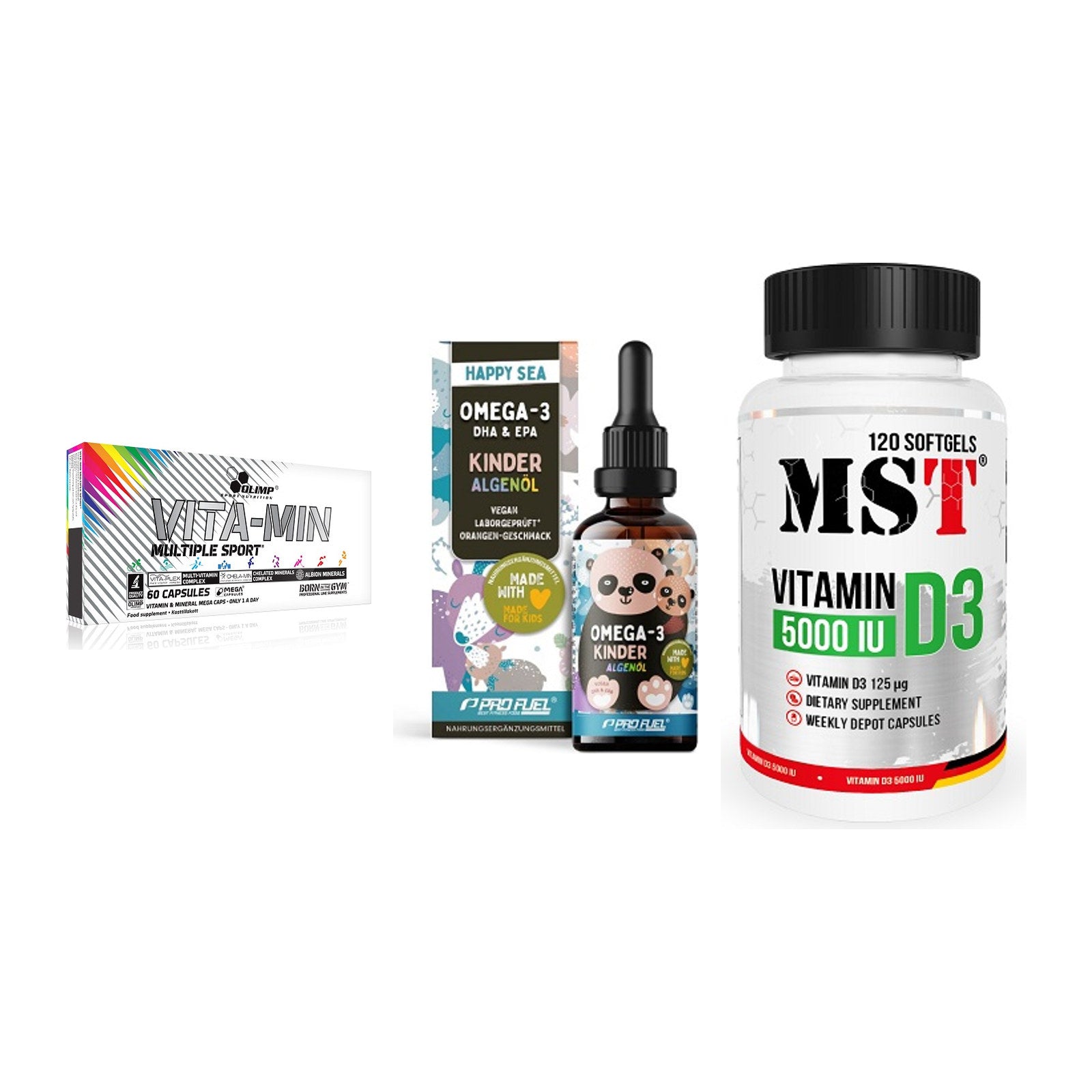 Grundversorgung: Olimp Vita-Min + ProFuel OMEGA-3 + MST Vitamin D3 – alle enthaltenen Artikel