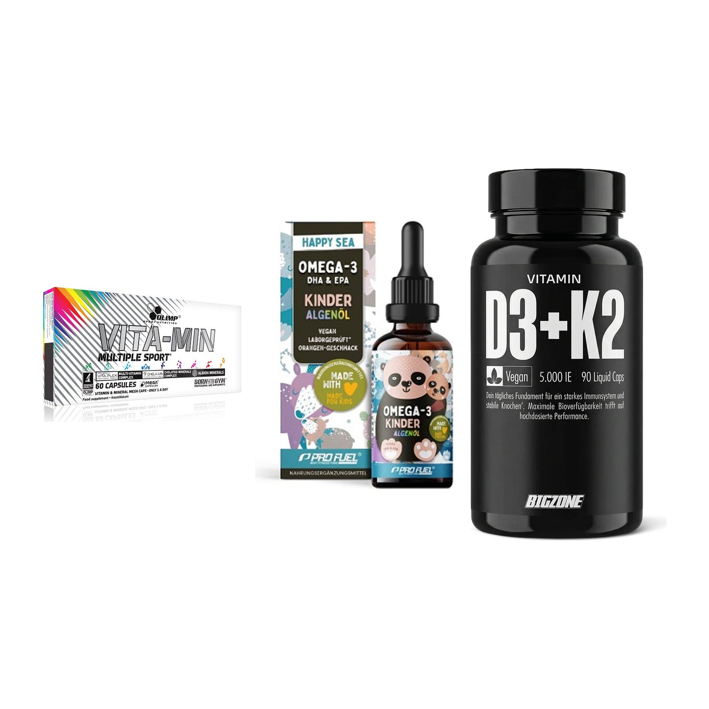 Grundversorgung: Olimp Vita-Min + ProFuel OMEGA-3 + Big Zone – alle enthaltenen Artikel