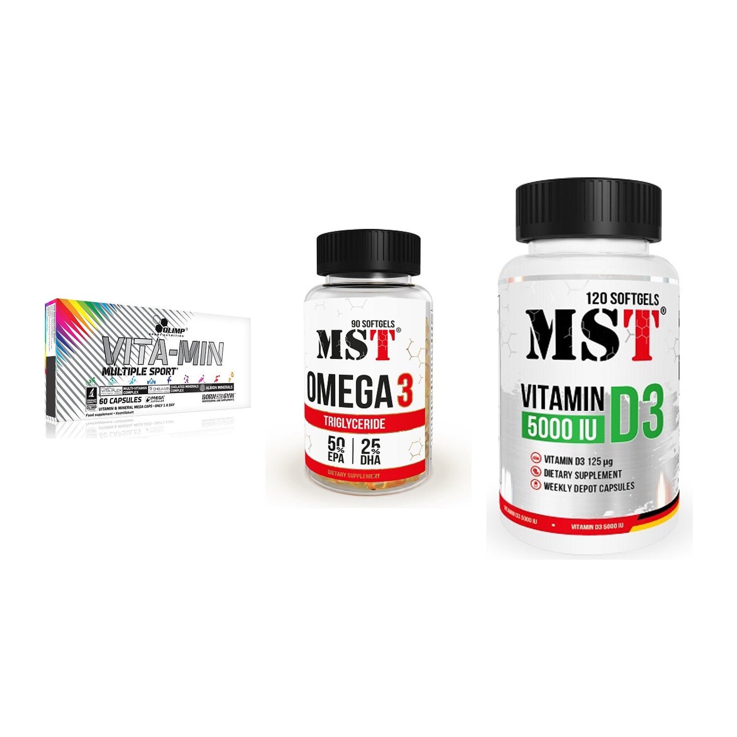 Grundversorgung: Olimp Vita-Min + MST Omega 3 + MST Vitamin D3 – alle enthaltenen Artikel