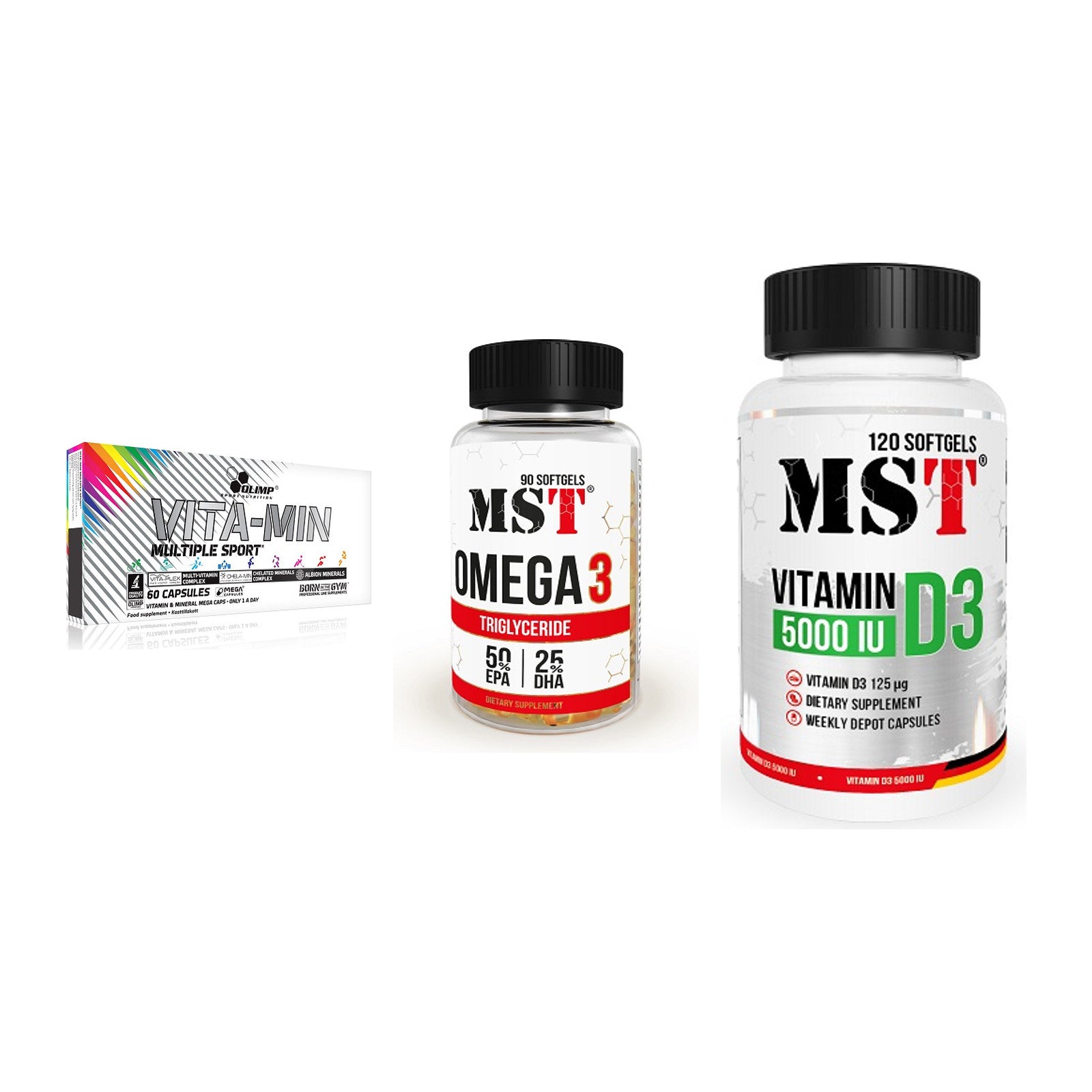 Grundversorgung: Olimp Vita-Min + MST Omega 3 + MST Vitamin D3 – alle enthaltenen Artikel