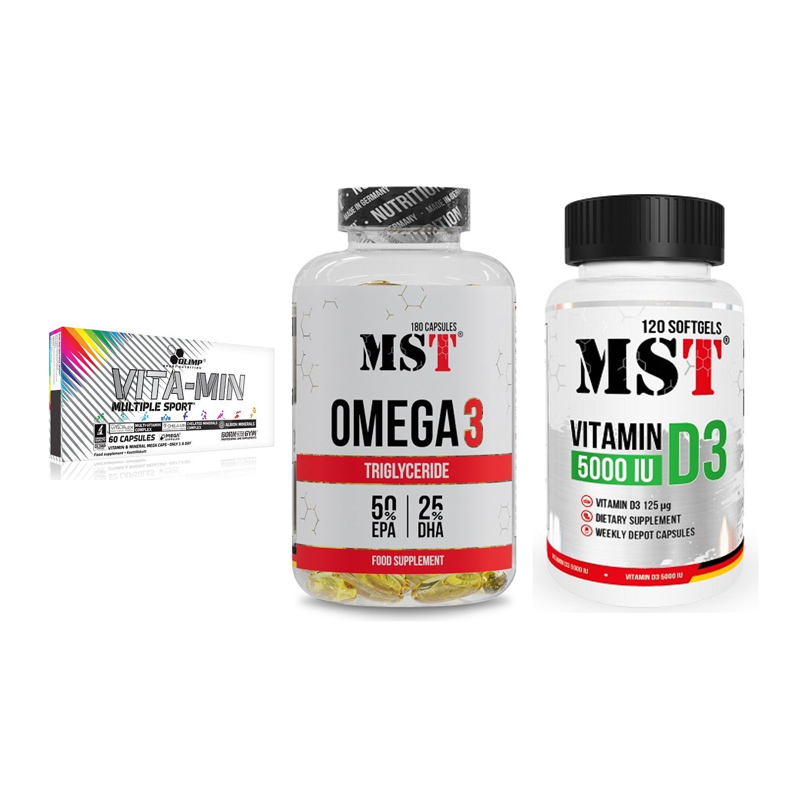 Grundversorgung: Olimp Vita-Min + MST Omega 3 + MST Vitamin D3 – alle enthaltenen Artikel