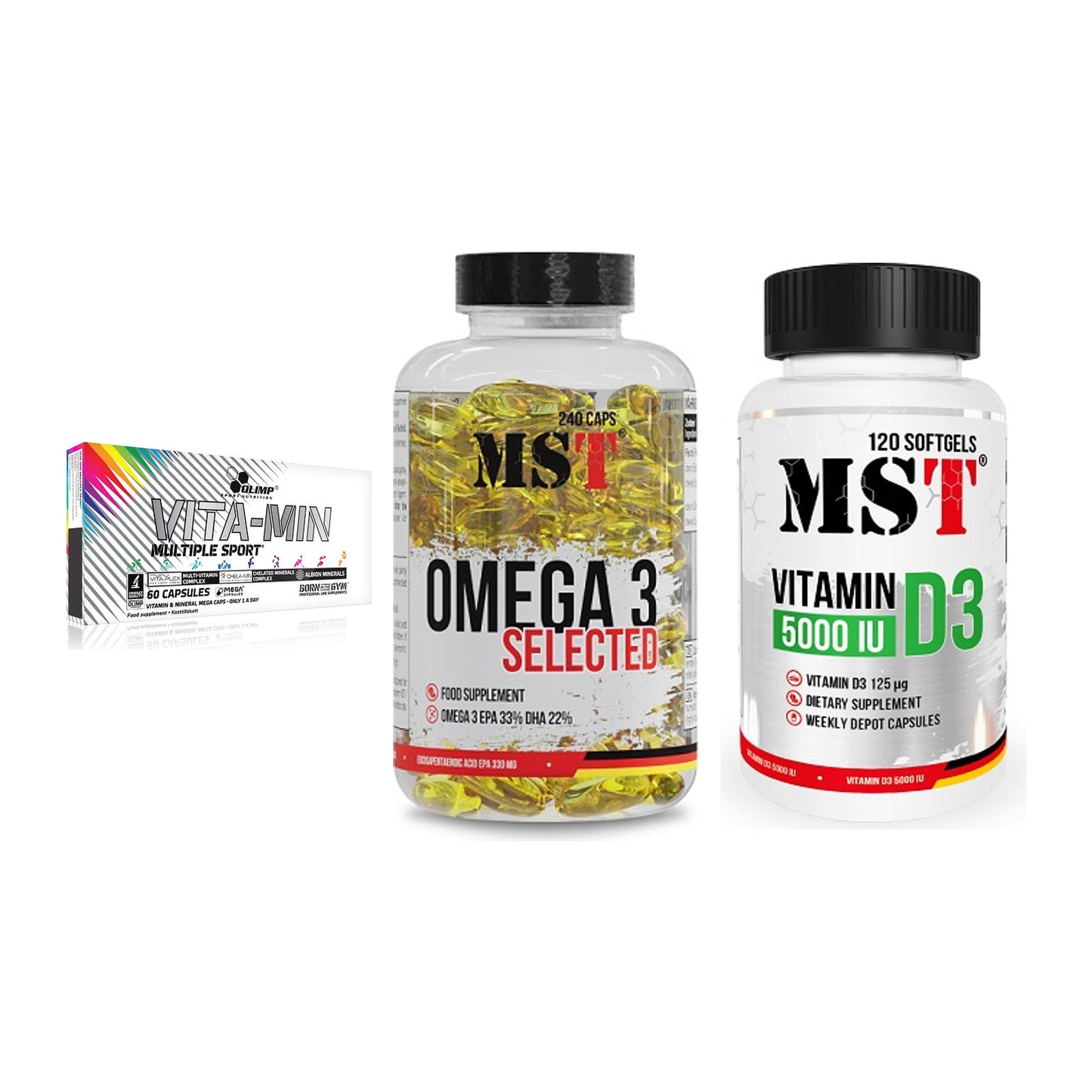 Grundversorgung: Olimp Vita-Min + MST Omega 3 + MST Vitamin D3 – alle enthaltenen Artikel