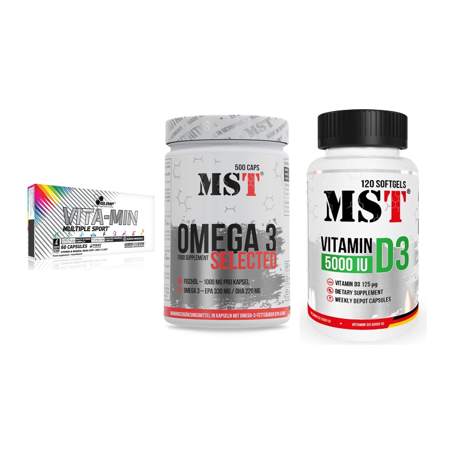 Grundversorgung: Olimp Vita-Min + MST Omega 3 + MST Vitamin D3 – alle enthaltenen Artikel