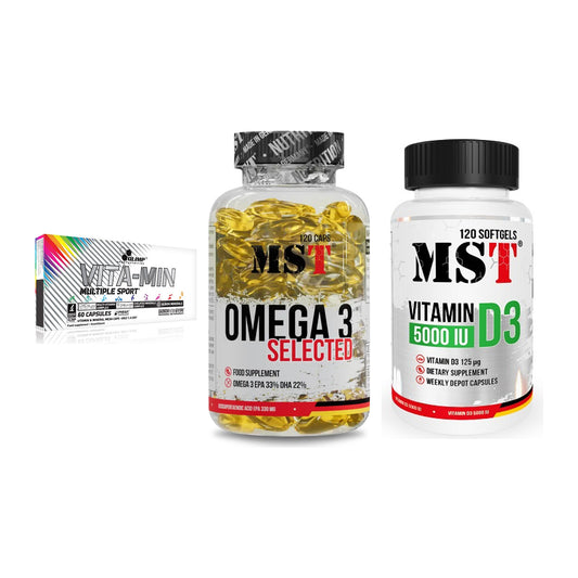 Grundversorgung: Olimp Vita-Min + MST Omega 3 + MST Vitamin D3 – alle enthaltenen Artikel