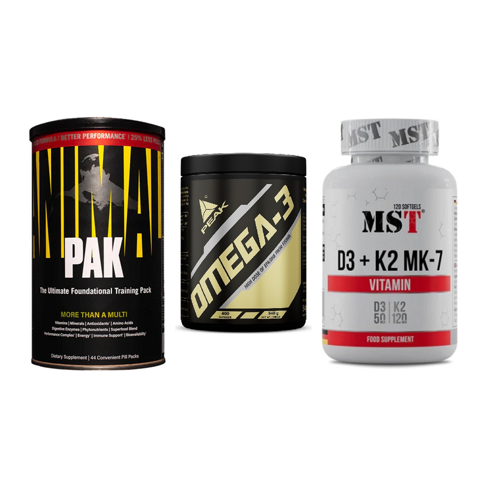 Grundversorgung: Universal + Peak Omega-3 + MST Vitamin D3 – alle enthaltenen Artikel