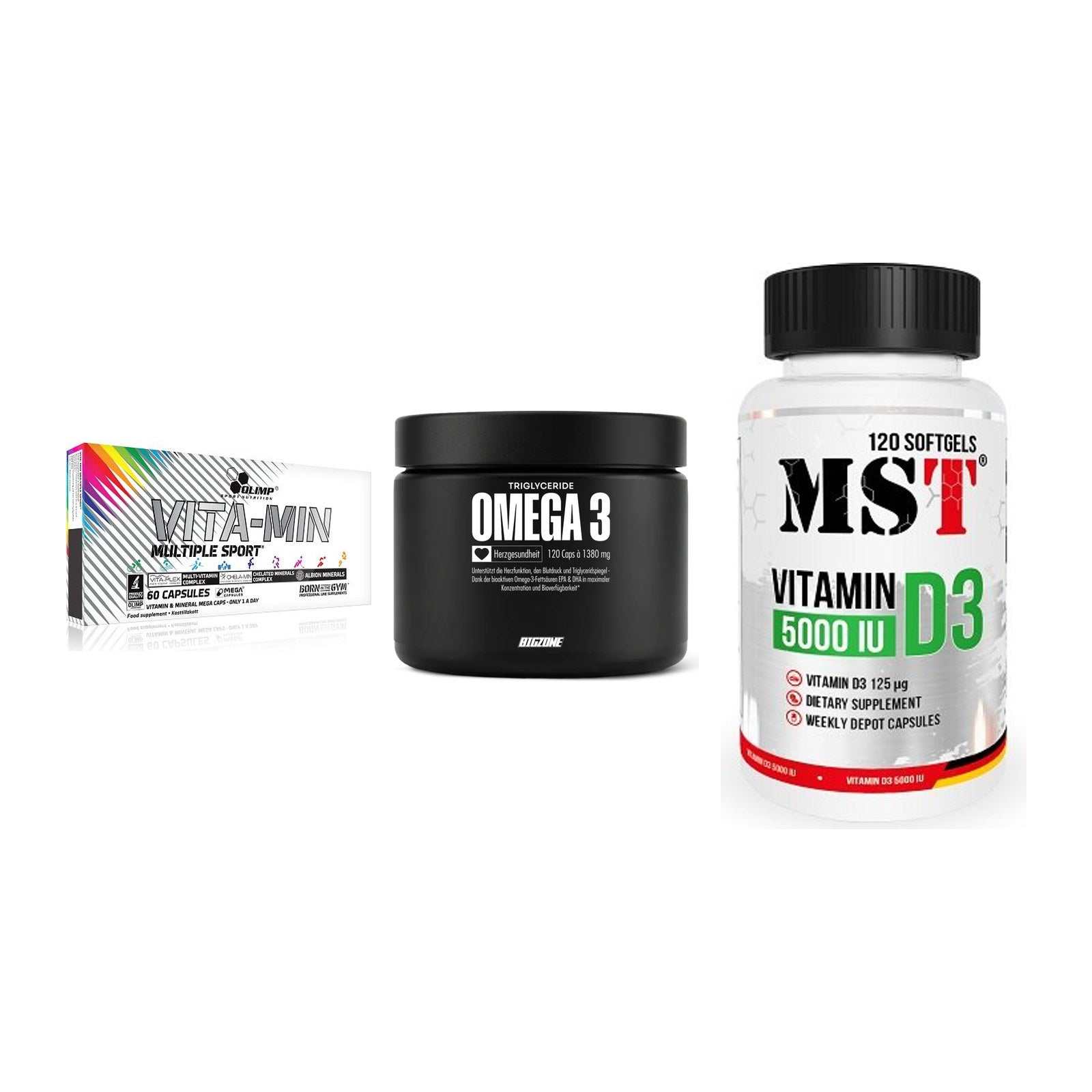 Grundversorgung: Olimp Vita-Min + Big Zone Omega + MST Vitamin D3 – alle enthaltenen Artikel