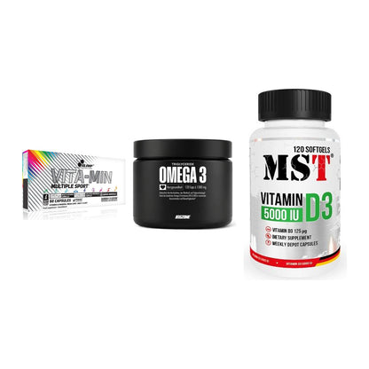 Grundversorgung: Olimp Vita-Min + Big Zone Omega + MST Vitamin D3 – alle enthaltenen Artikel