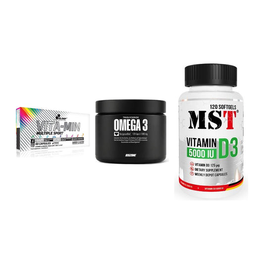 Grundversorgung: Olimp Vita-Min + Big Zone Omega + MST Vitamin D3 – alle enthaltenen Artikel