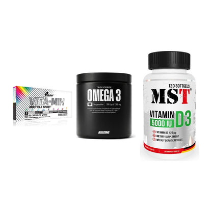 Grundversorgung: Olimp Vita-Min + Big Zone Omega + MST Vitamin D3 – alle enthaltenen Artikel