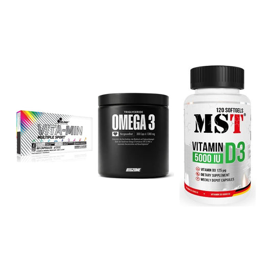 Grundversorgung: Olimp Vita-Min + Big Zone Omega + MST Vitamin D3 – alle enthaltenen Artikel