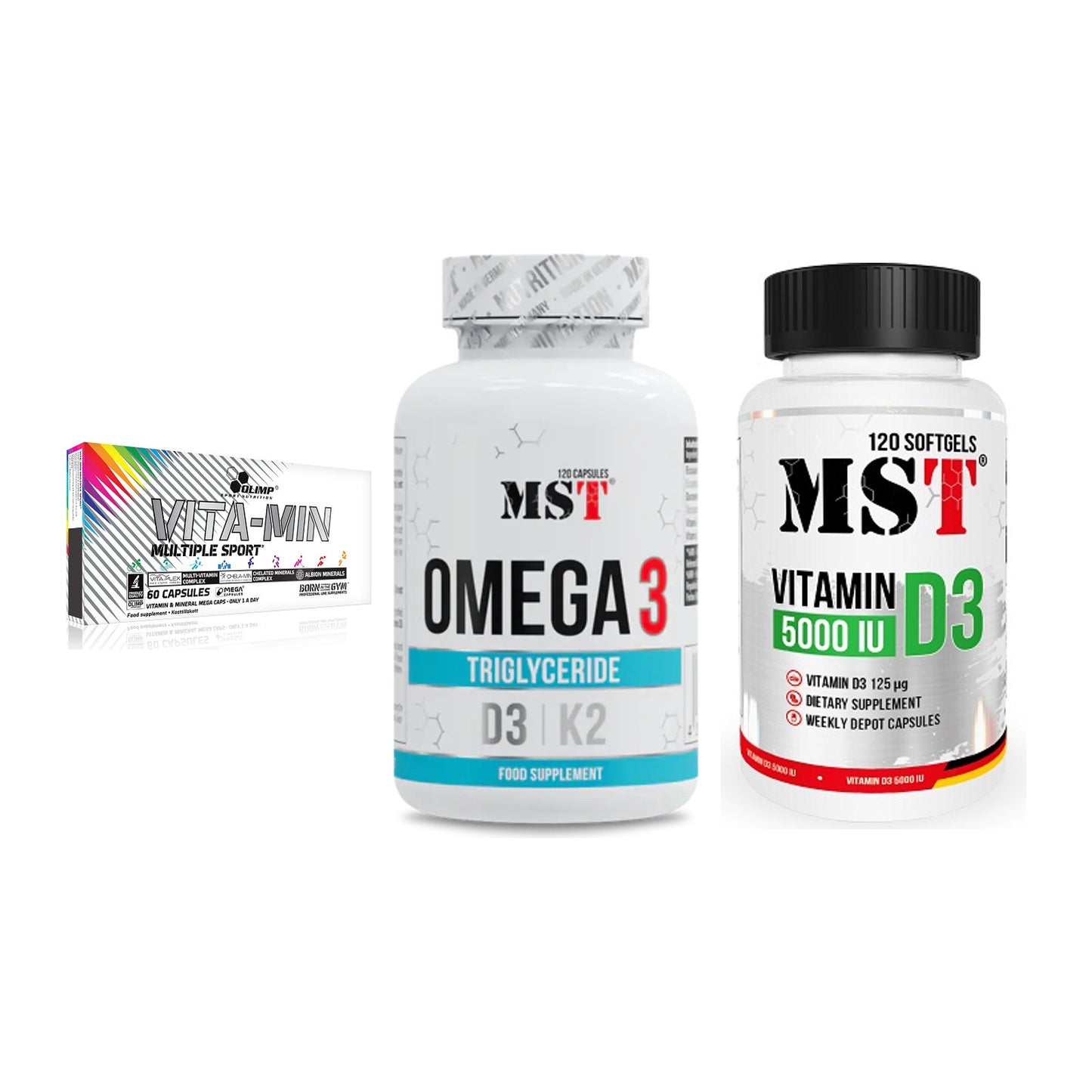 Grundversorgung: Olimp Vita-Min + MST Omega 3 500 + MST Vitamin D3 – alle enthaltenen Artikel