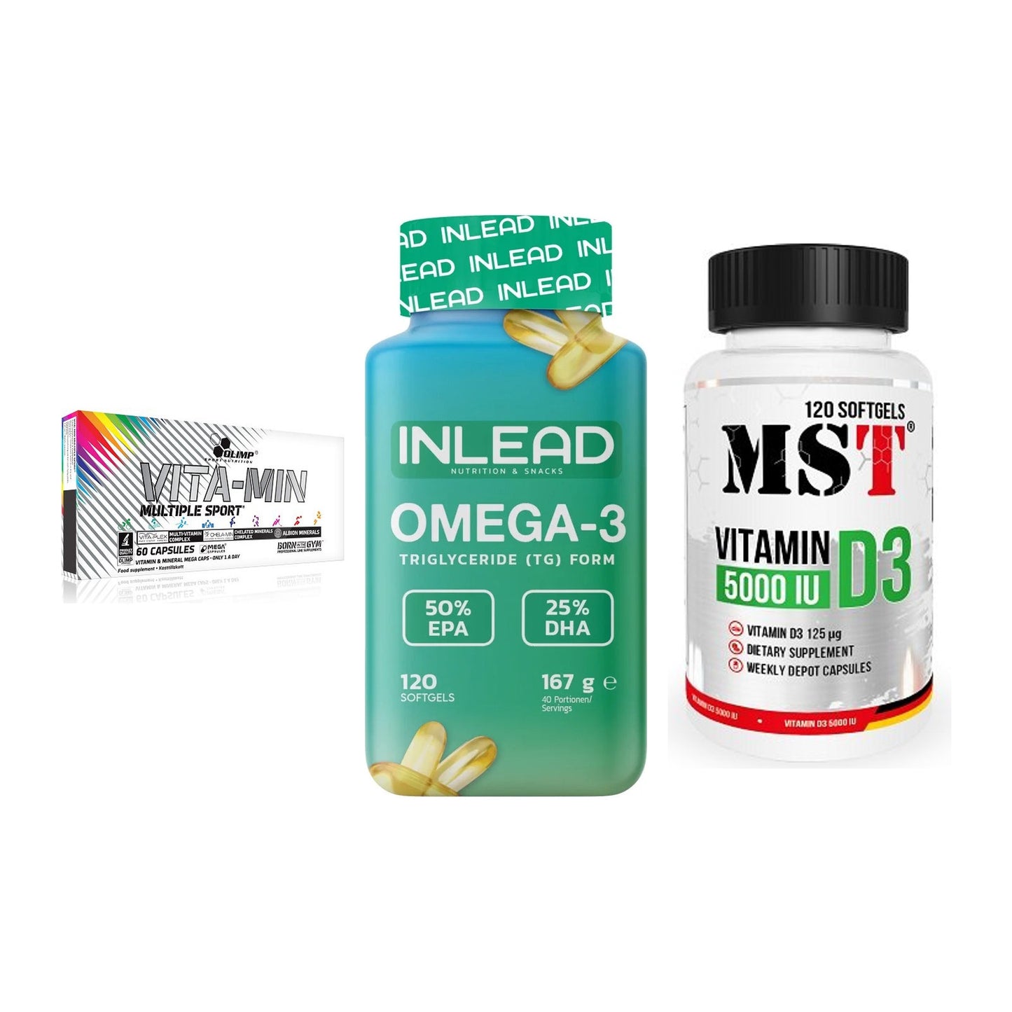 Grundversorgung: Olimp Vita-Min + INLEAD Omega-3 + MST Vitamin D3 – alle enthaltenen Artikel