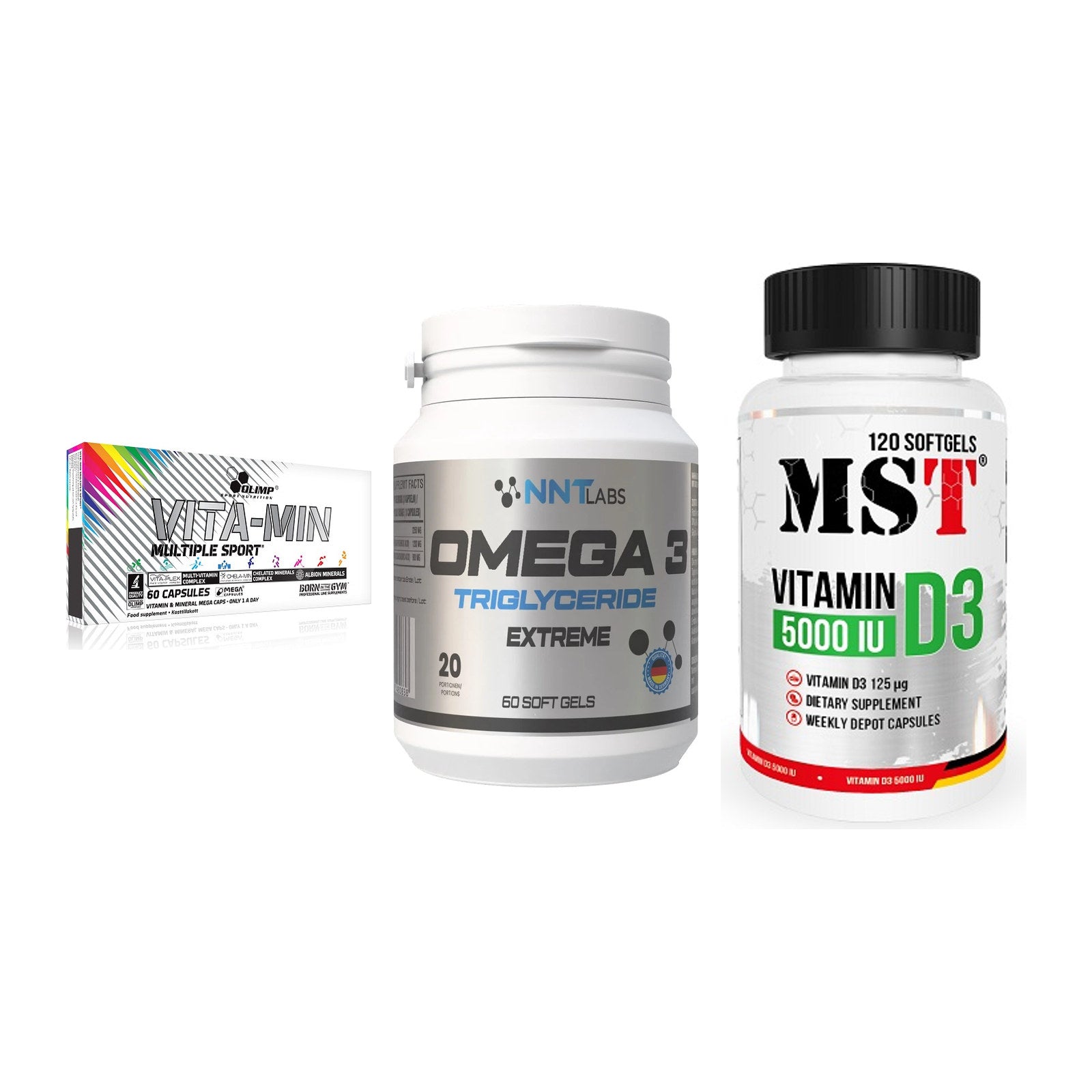 Grundversorgung: Olimp Vita-Min + NNT Omega 3 + MST Vitamin D3 – alle enthaltenen Artikel