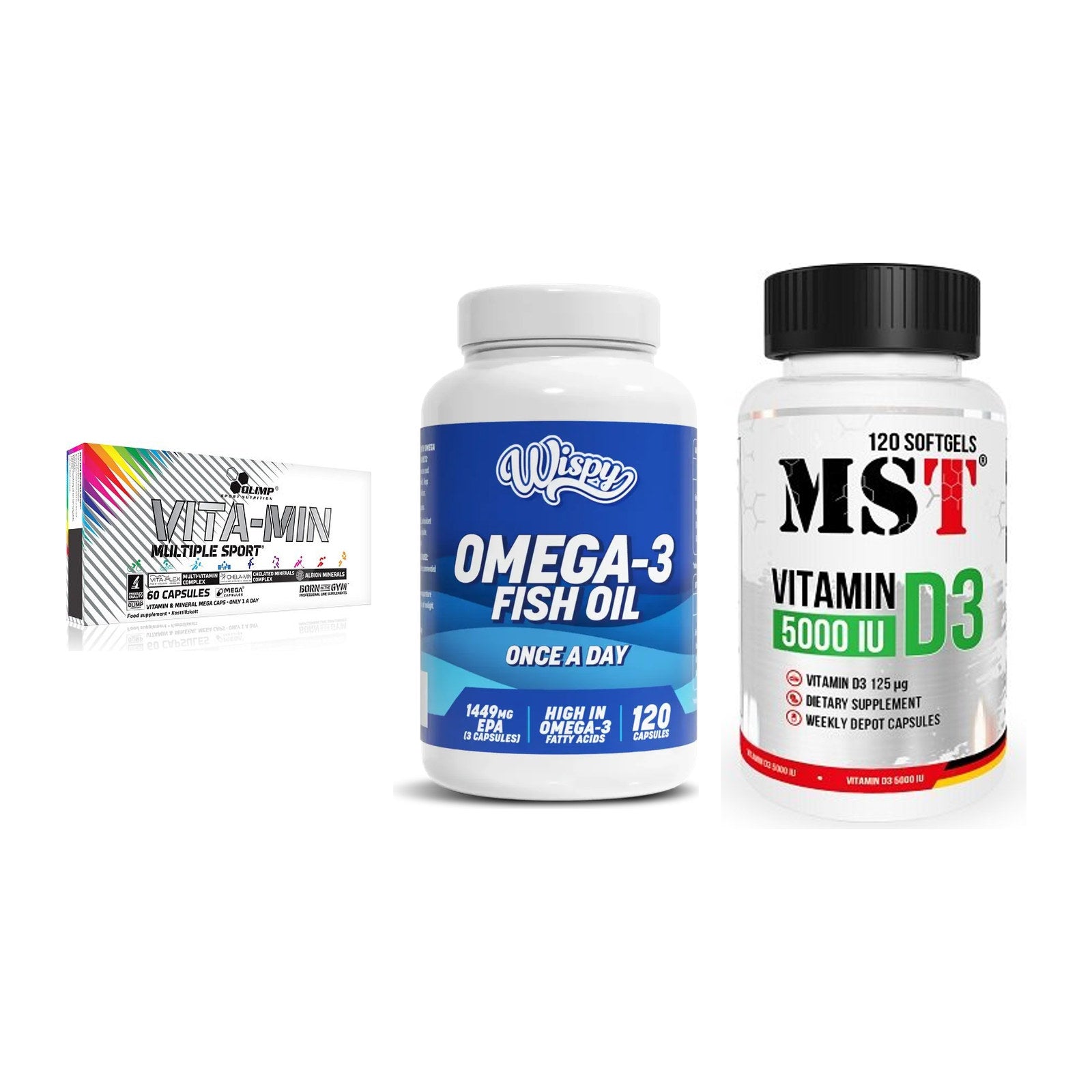 Grundversorgung: Olimp Vita-Min + Wispy Omega 3 + MST Vitamin D3 – alle enthaltenen Artikel