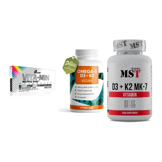 Grundversorgung: Olimp Vita-Min + ProFuel Omega 3 + MST Vitamin D3 – alle enthaltenen Artikel