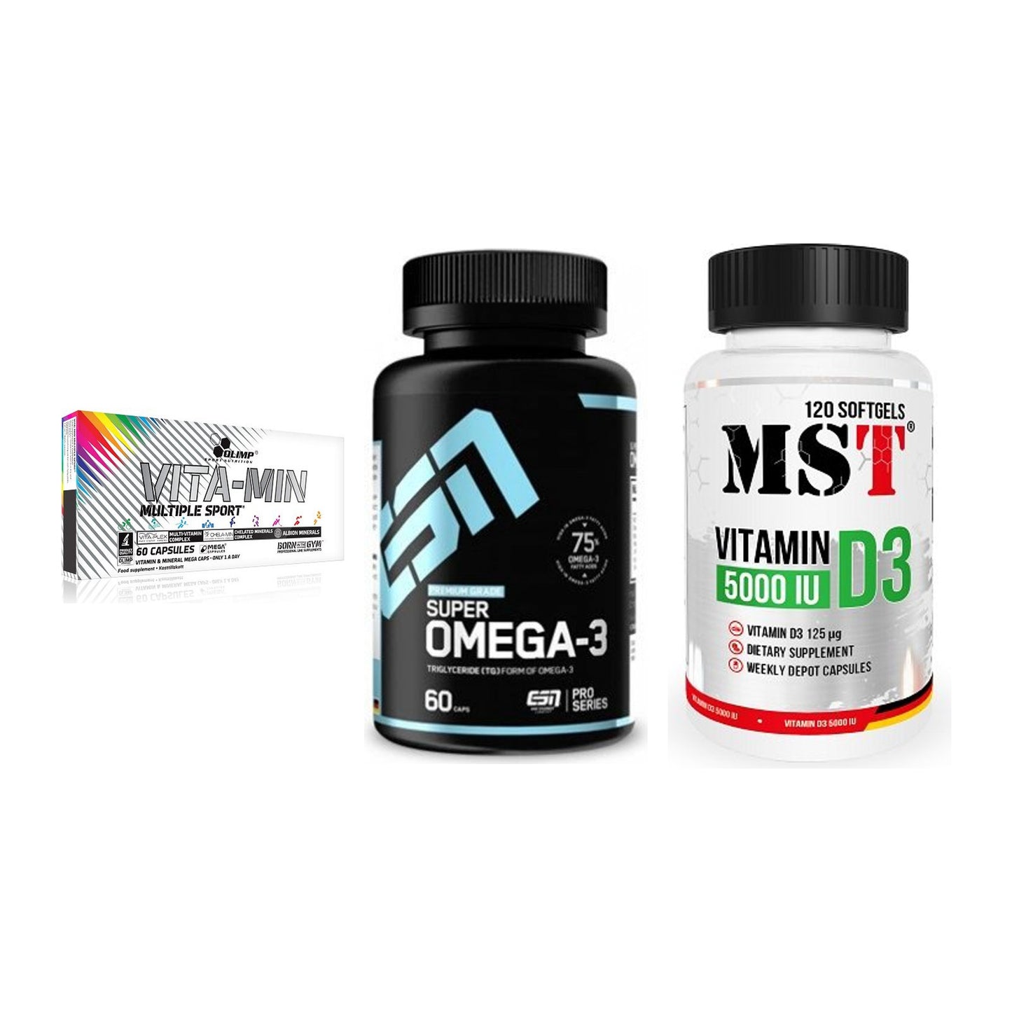 Grundversorgung: Olimp Vita-Min + ESN Omega 3 + MST Vitamin D3 – alle enthaltenen Artikel